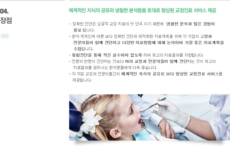 04.장점, 체계적인 지식의 공유와 냉철한 분석등을 토대로 향상된 교정진료 서비스 제공,
					정확은 진단은 성공적 교정 치료의 첫 단추 이기 때문에  냉철한 분석과 많은 경험이  필요 합니다. 환자 개개인에 따른 보다 정확한 진단과 최적화된 치료계획을 위해 각 지점의 교정과  전문의들이 함께 진단하고 다양한 치료방법에 대해 논의하여 가장 좋은 치료계획을  수립합니다. 통합진단을 통해 작은 실수마저 없도록 하여 최고의 치료결과를 지향합니다. 전문의 한명이 진단하는 것보다 여러 교정과 전문의들이 함께 진단하는 것이 최고의 치료결과를 원하시는 환자분들에게 더욱 좋습니다. 각 지점 교정과 전문의들간의 체계적인 지식의 공유로 보다 향상된 교정진료 서비스를 제공합니다.